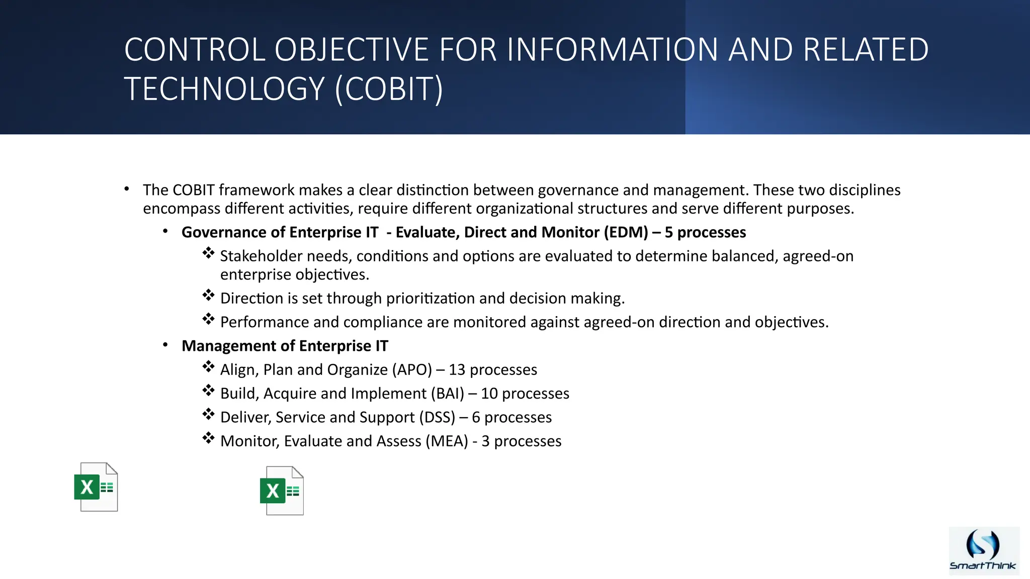 CONTROL OBJECTIVE FOR INFORMATION AND RELATED
TECHNOLOGY (COBIT)
• The COBIT framework makes a clear distinction between governance and management. These two disciplines
encompass different activities, require different organizational structures and serve different purposes.
• Governance of Enterprise IT - Evaluate, Direct and Monitor (EDM) – 5 processes
 Stakeholder needs, conditions and options are evaluated to determine balanced, agreed-on
enterprise objectives.
 Direction is set through prioritization and decision making.
 Performance and compliance are monitored against agreed-on direction and objectives.
• Management of Enterprise IT
 Align, Plan and Organize (APO) – 13 processes
 Build, Acquire and Implement (BAI) – 10 processes
 Deliver, Service and Support (DSS) – 6 processes
 Monitor, Evaluate and Assess (MEA) - 3 processes
 