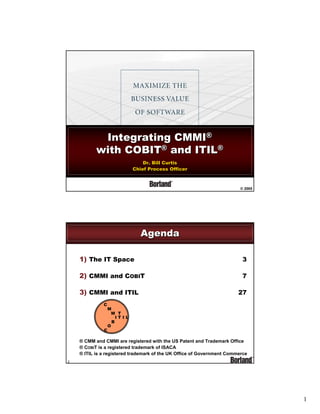 Integrating CMMI®
with COBIT® and ITIL®
Dr. Bill Curtis
Dr. Bill Curtis
Chief Process Officer
Chief Process Officer

© 2005

Agenda
1) The IT Space

3

2) CMMI and COBIT

7

3) CMMI and ITIL
C

C

27

M
M T
ITIL
B
O

® CMM and CMMI are registered with the US Patent and Trademark Office
® COBIT is a registered trademark of ISACA
® ITIL is a registered trademark of the UK Office of Government Commerce
2

1

 