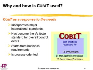 © ITGI 2004 - not for commercial use. 12
Incorporates major
international standards
Has become the de facto
standard for overall control
over IT
Starts from business
requirements
Is process-oriented
IT Processes
IT Processes
IT Management Processes
IT Management Processes
IT Governance Processes
IT Governance Processes
CobiT
CobiT
best practices
repository for
IT Processes
IT Processes
IT Management Processes
IT Management Processes
IT Governance Processes
IT Governance Processes
COBIT
COBIT
best practices
repository for
COBIT as a response to the needs
Why and how is COBIT used?
 