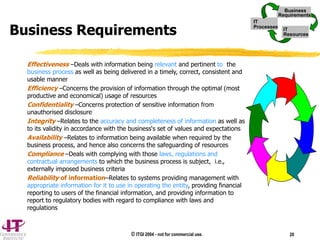 © ITGI 2004 - not for commercial use. 20
Effectiveness –Deals with information being relevant and pertinent to the
business process as well as being delivered in a timely, correct, consistent and
usable manner
Efficiency –Concerns the provision of information through the optimal (most
productive and economical) usage of resources
Confidentiality –Concerns protection of sensitive information from
unauthorised disclosure
Integrity –Relates to the accuracy and completeness of information as well as
to its validity in accordance with the business‘s set of values and expectations
Availability –Relates to information being available when required by the
business process, and hence also concerns the safeguarding of resources
Compliance –Deals with complying with those laws, regulations and
contractual arrangements to which the business process is subject, i.e.,
externally imposed business criteria
Reliability of information–Relates to systems providing management with
appropriate information for it to use in operating the entity, providing financial
reporting to users of the financial information, and providing information to
report to regulatory bodies with regard to compliance with laws and
regulations
Business Requirements
IT
Processes
Business
Requirements
IT
Resources
IT
Processes
Business
Requirements
IT
Resources
 
