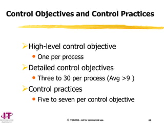 © ITGI 2004 - not for commercial use. 44
High-level control objective
• One per process
Detailed control objectives
• Three to 30 per process (Avg >9 )
Control practices
• Five to seven per control objective
Control Objectives and Control Practices
 