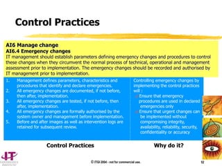 © ITGI 2004 - not for commercial use. 52
1. Management defines parameters, characteristics and
procedures that identify and declare emergencies.
2. All emergency changes are documented, if not before,
then after, implementation.
3. All emergency changes are tested, if not before, then
after, implementation.
4. All emergency changes are formally authorised by the
system owner and management before implementation.
5. Before and after images as well as intervention logs are
retained for subsequent review.
Controlling emergency changes by
implementing the control practices
will :
 Ensure that emergency
procedures are used in declared
emergencies only
 Ensure that urgent changes can
be implemented without
compromising integrity,
availability, reliability, security,
confidentiality or accuracy
AI6 Manage change
AI6.4 Emergency changes
IT management should establish parameters defining emergency changes and procedures to control
these changes when they circumvent the normal process of technical, operational and management
assessment prior to implementation. The emergency changes should be recorded and authorised by
IT management prior to implementation.
Control Practices Why do it?
Control Practices
 