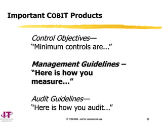 © ITGI 2004 - not for commercial use. 53
Important COBIT Products
Control Objectives—
“Minimum controls are...”
Management Guidelines –
“Here is how you
measure…”
Audit Guidelines—
“Here is how you audit...”
 