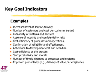 © ITGI 2004 - not for commercial use. 60
 Increased level of service delivery
 Number of customers and cost per customer served
 Availability of systems and services
 Absence of integrity and confidentiality risks
 Cost-efficiency of processes and operations
 Confirmation of reliability and effectiveness
 Adherence to development cost and schedule
 Cost-efficiency of the process
 Staff productivity and morale
 Number of timely changes to processes and systems
 Improved productivity (e.g., delivery of value per employee)
Key Goal Indicators
Examples
 