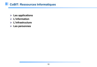 CoBIT: Ressources Informatiques






Les applications
L’information
L’infrastructure
Les personnes

10

 