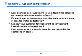 Domaine 2: Acquérir et implémenter

 Est-on sûr que les nouveaux projets vont fournir des solutions
qui correspondent aux besoins métiers ?
 Est-on sûr que les nouveaux projets aboutiront en temps voulu
et dans les limites budgétaires ?
 Les nouveaux systèmes fonctionneront-ils correctement
lorsqu'ils seront mis en oeuvre ?
 Les changements pourront-ils avoir lieu sans perturber les
opérations en cours ?

14

 