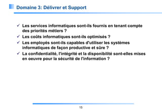 Domaine 3: Délivrer et Support

 Les services informatiques sont-ils fournis en tenant compte
des priorités métiers ?
 Les coûts informatiques sont-ils optimisés ?
 Les employés sont-ils capables d'utiliser les systèmes
informatiques de façon productive et sûre ?
 La confidentialité, l'intégrité et la disponibilité sont-elles mises
en oeuvre pour la sécurité de l'information ?

15

 