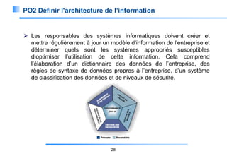 PO2 Définir l'architecture de l’information

 Les responsables des systèmes informatiques doivent créer et
mettre régulièrement à jour un modèle d’information de l’entreprise et
déterminer quels sont les systèmes appropriés susceptibles
d’optimiser l’utilisation de cette information. Cela comprend
l’élaboration d’un dictionnaire des données de l’entreprise, des
règles de syntaxe de données propres à l’entreprise, d’un système
de classification des données et de niveaux de sécurité.

28

 