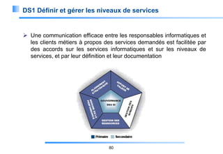 DS1 Définir et gérer les niveaux de services

 Une communication efficace entre les responsables informatiques et
les clients métiers à propos des services demandés est facilitée par
des accords sur les services informatiques et sur les niveaux de
services, et par leur définition et leur documentation

80

 