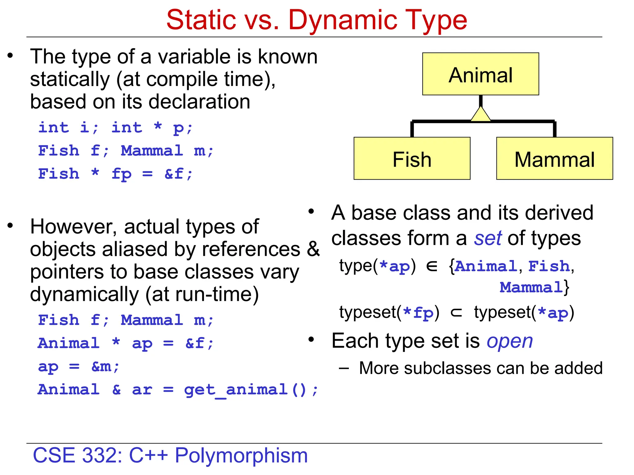 CSE 332: C++ Polymorphism
Static vs. Dynamic Type
• The type of a variable is known
statically (at compile time),
based on its declaration
int i; int * p;
Fish f; Mammal m;
Fish * fp = &f;
• However, actual types of
objects aliased by references &
pointers to base classes vary
dynamically (at run-time)
Fish f; Mammal m;
Animal * ap = &f;
ap = &m;
Animal & ar = get_animal();
Animal
Fish Mammal
• A base class and its derived
classes form a set of types
type(*ap)  {Animal, Fish,
Mammal}
typeset(*fp)  typeset(*ap)
• Each type set is open
– More subclasses can be added
 