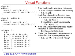 CSE 332: C++ Polymorphism
Virtual Functions
class A {
public:
void x() {cout<<"A::x";};
virtual void y() {cout<<"A::y";};
};
class B : public A {
public:
void x() {cout<<"B::x";};
virtual void y() {cout<<"B::y";};
};
int main () {
B b;
A *ap = &b; B *bp = &b;
b.x (); // prints "B::x"
b.y (); // prints "B::y"
bp->x (); // prints "B::x"
bp->y (); // prints "B::y"
ap->x (); // prints "A::x"
ap->y (); // prints "B::y"
return 0;
};
• Only matter with pointer or reference
– Calls on object itself resolved statically
– E.g., b.y();
• Look first at pointer/reference type
– If non-virtual there, resolve statically
• E.g., ap->x();
– If virtual there, resolve dynamically
• E.g., ap->y();
• Note that virtual keyword need not be
repeated in derived classes
– But it’s good style to do so
• Caller can force static resolution of a
virtual function via scope operator
– E.g., ap->A::y(); prints “A::y”
 