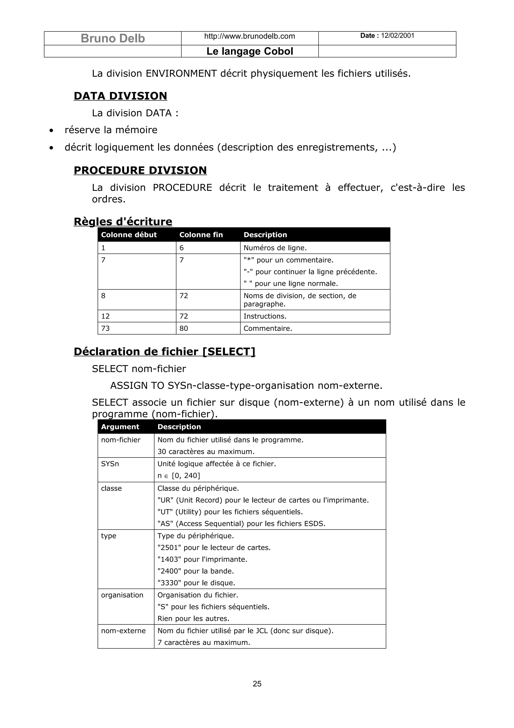 Bruno Delb                         http://www.brunodelb.com                       Date : 12/02/2001

                                          Le langage Cobol

         La division ENVIRONMENT décrit physiquement les fichiers utilisés.

     DATA DIVISION
         La division DATA :
•   réserve la mémoire
•   décrit logiquement les données (description des enregistrements, ...)

     PROCEDURE DIVISION
         La division PROCEDURE décrit le traitement à effectuer, c'est-à-dire les
         ordres.

     Règles d'écriture
           Colonne début         Colonne fin          Description
           1                     6                    Numéros de ligne.
           7                     7                    "*" pour un commentaire.
                                                      "-" pour continuer la ligne précédente.
                                                      " " pour une ligne normale.
           8                     72                   Noms de division, de section, de
                                                      paragraphe.
           12                    72                   Instructions.
           73                    80                   Commentaire.


     Déclaration de fichier [SELECT]
         SELECT nom-fichier
                ASSIGN TO SYSn-classe-type-organisation nom-externe.
         SELECT associe un fichier sur disque (nom-externe) à un nom utilisé dans le
         programme (nom-fichier).
           Argument        Description
           nom-fichier     Nom du fichier utilisé dans le programme.
                           30 caractères au maximum.
           SYSn            Unité logique affectée à ce fichier.
                           n ∈ [0, 240]
           classe          Classe du périphérique.
                           "UR" (Unit Record) pour le lecteur de cartes ou l'imprimante.
                           "UT" (Utility) pour les fichiers séquentiels.
                           "AS" (Access Sequential) pour les fichiers ESDS.
           type            Type du périphérique.
                           "2501" pour le lecteur de cartes.
                           "1403" pour l'imprimante.
                           "2400" pour la bande.
                           "3330" pour le disque.
           organisation    Organisation du fichier.
                           "S" pour les fichiers séquentiels.
                           Rien pour les autres.
           nom-externe     Nom du fichier utilisé par le JCL (donc sur disque).
                           7 caractères au maximum.




                                                        25
 