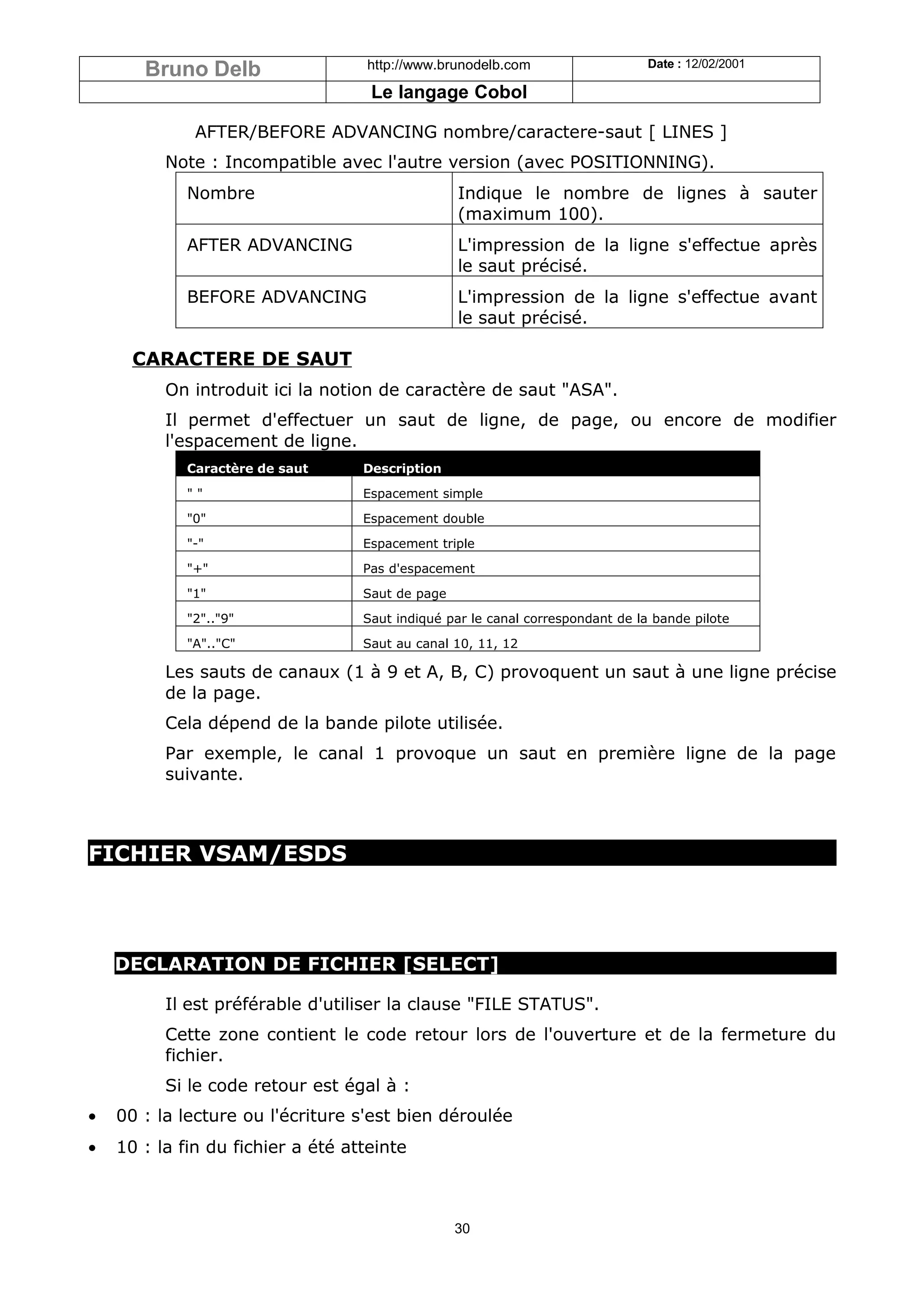 Bruno Delb                  http://www.brunodelb.com                     Date : 12/02/2001

                                    Le langage Cobol

              AFTER/BEFORE ADVANCING nombre/caractere-saut [ LINES ]
          Note : Incompatible avec l'autre version (avec POSITIONNING).
             Nombre                               Indique le nombre de lignes à sauter
                                                  (maximum 100).
             AFTER ADVANCING                      L'impression de la ligne s'effectue après
                                                  le saut précisé.
             BEFORE ADVANCING                     L'impression de la ligne s'effectue avant
                                                  le saut précisé.

      CARACTERE DE SAUT
          On introduit ici la notion de caractère de saut "ASA".
          Il permet d'effectuer un saut de ligne, de page, ou encore de modifier
          l'espacement de ligne.
             Caractère de saut     Description

             ""                    Espacement simple

             "0"                   Espacement double

             "-"                   Espacement triple

             "+"                   Pas d'espacement

             "1"                   Saut de page

             "2".."9"              Saut indiqué par le canal correspondant de la bande pilote

             "A".."C"              Saut au canal 10, 11, 12

          Les sauts de canaux (1 à 9 et A, B, C) provoquent un saut à une ligne précise
          de la page.
          Cela dépend de la bande pilote utilisée.
          Par exemple, le canal 1 provoque un saut en première ligne de la page
          suivante.



FICHIER VSAM/ESDS




    DECLARATION DE FICHIER [SELECT]

          Il est préférable d'utiliser la clause "FILE STATUS".
          Cette zone contient le code retour lors de l'ouverture et de la fermeture du
          fichier.
          Si le code retour est égal à :
•   00 : la lecture ou l'écriture s'est bien déroulée
•   10 : la fin du fichier a été atteinte



                                                  30
 