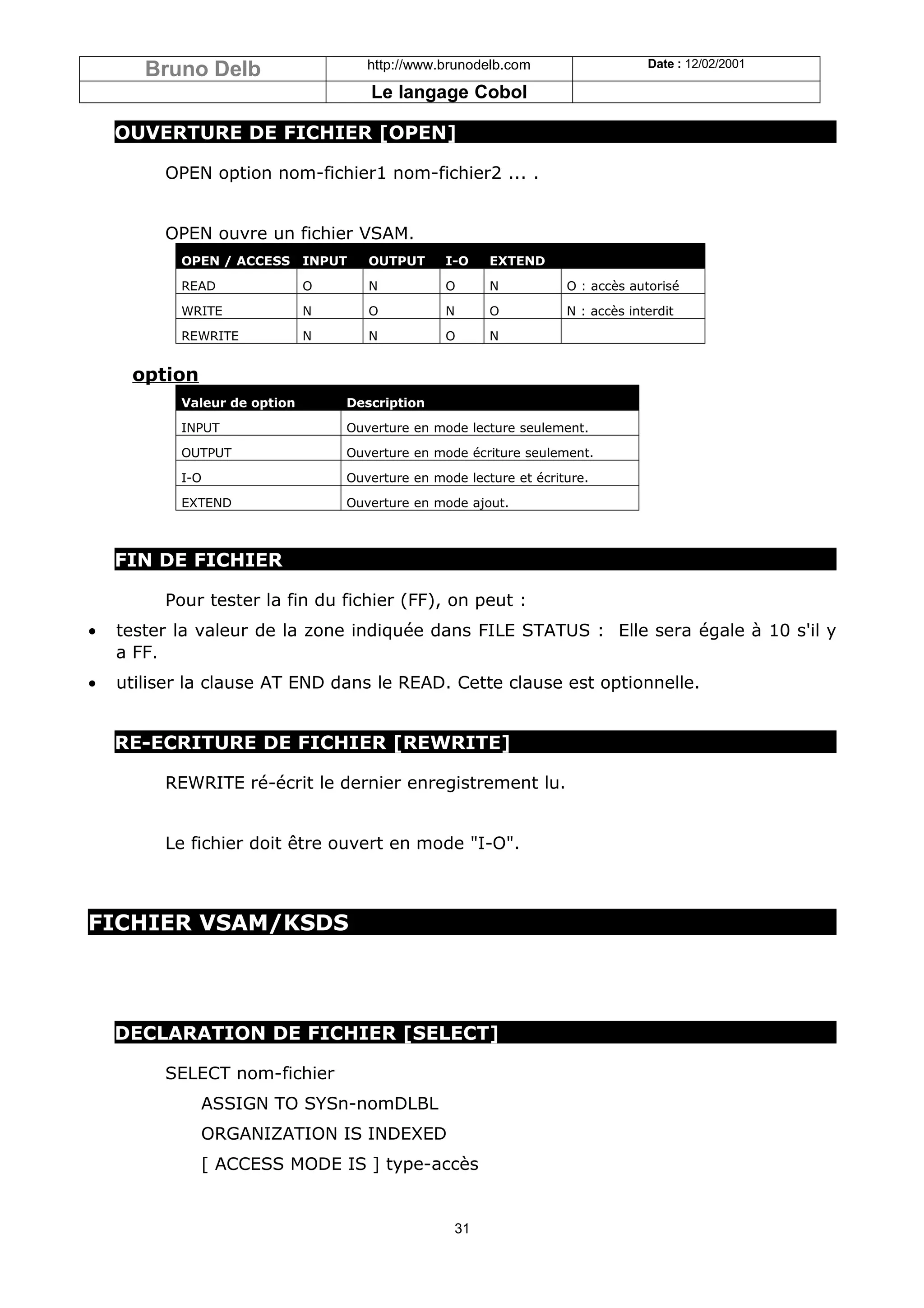 Bruno Delb                     http://www.brunodelb.com                   Date : 12/02/2001

                                      Le langage Cobol

    OUVERTURE DE FICHIER [OPEN]

         OPEN option nom-fichier1 nom-fichier2 ... .


         OPEN ouvre un fichier VSAM.
           OPEN / ACCESS      INPUT   OUTPUT     I-O    EXTEND

           READ               O       N          O      N           O : accès autorisé

           WRITE              N       O          N      O           N : accès interdit

           REWRITE            N       N          O      N


     option
           Valeur de option       Description

           INPUT                  Ouverture en mode lecture seulement.

           OUTPUT                 Ouverture en mode écriture seulement.

           I-O                    Ouverture en mode lecture et écriture.

           EXTEND                 Ouverture en mode ajout.



    FIN DE FICHIER

         Pour tester la fin du fichier (FF), on peut :
•   tester la valeur de la zone indiquée dans FILE STATUS : Elle sera égale à 10 s'il y
    a FF.
•   utiliser la clause AT END dans le READ. Cette clause est optionnelle.


    RE-ECRITURE DE FICHIER [REWRITE]

         REWRITE ré-écrit le dernier enregistrement lu.


         Le fichier doit être ouvert en mode "I-O".



FICHIER VSAM/KSDS




    DECLARATION DE FICHIER [SELECT]

         SELECT nom-fichier
              ASSIGN TO SYSn-nomDLBL
              ORGANIZATION IS INDEXED
              [ ACCESS MODE IS ] type-accès


                                                  31
 