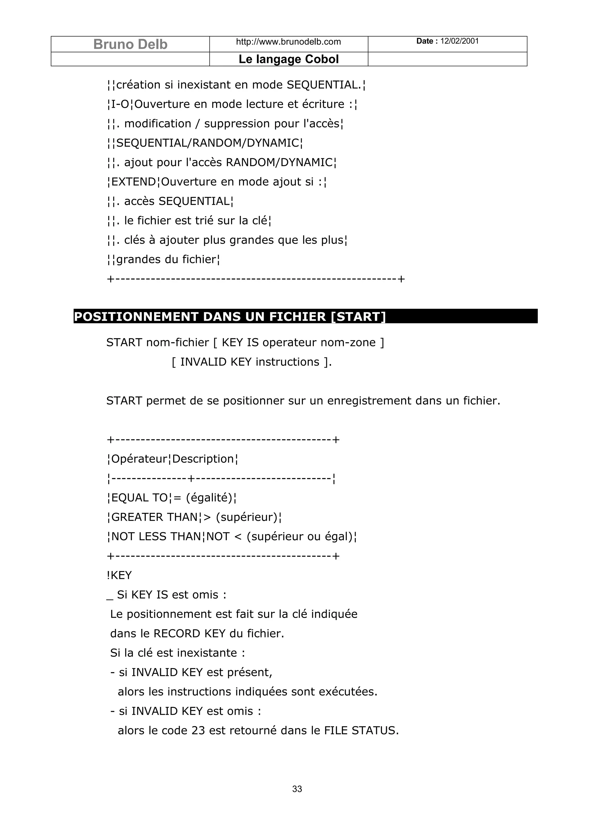 Bruno Delb                  http://www.brunodelb.com          Date : 12/02/2001

                              Le langage Cobol

   ¦¦création si inexistant en mode SEQUENTIAL.¦
   ¦I-O¦Ouverture en mode lecture et écriture :¦
   ¦¦. modification / suppression pour l'accès¦
   ¦¦SEQUENTIAL/RANDOM/DYNAMIC¦
   ¦¦. ajout pour l'accès RANDOM/DYNAMIC¦
   ¦EXTEND¦Ouverture en mode ajout si :¦
   ¦¦. accès SEQUENTIAL¦
   ¦¦. le fichier est trié sur la clé¦
   ¦¦. clés à ajouter plus grandes que les plus¦
   ¦¦grandes du fichier¦
   +--------------------------------------------------------+


POSITIONNEMENT DANS UN FICHIER [START]

   START nom-fichier [ KEY IS operateur nom-zone ]
                [ INVALID KEY instructions ].


   START permet de se positionner sur un enregistrement dans un fichier.


   +-------------------------------------------+
   ¦Opérateur¦Description¦
   ¦---------------+---------------------------¦
   ¦EQUAL TO¦= (égalité)¦
   ¦GREATER THAN¦> (supérieur)¦
   ¦NOT LESS THAN¦NOT < (supérieur ou égal)¦
   +-------------------------------------------+
   !KEY
   _ Si KEY IS est omis :
    Le positionnement est fait sur la clé indiquée
    dans le RECORD KEY du fichier.
    Si la clé est inexistante :
    - si INVALID KEY est présent,
     alors les instructions indiquées sont exécutées.
    - si INVALID KEY est omis :
     alors le code 23 est retourné dans le FILE STATUS.




                                          33
 