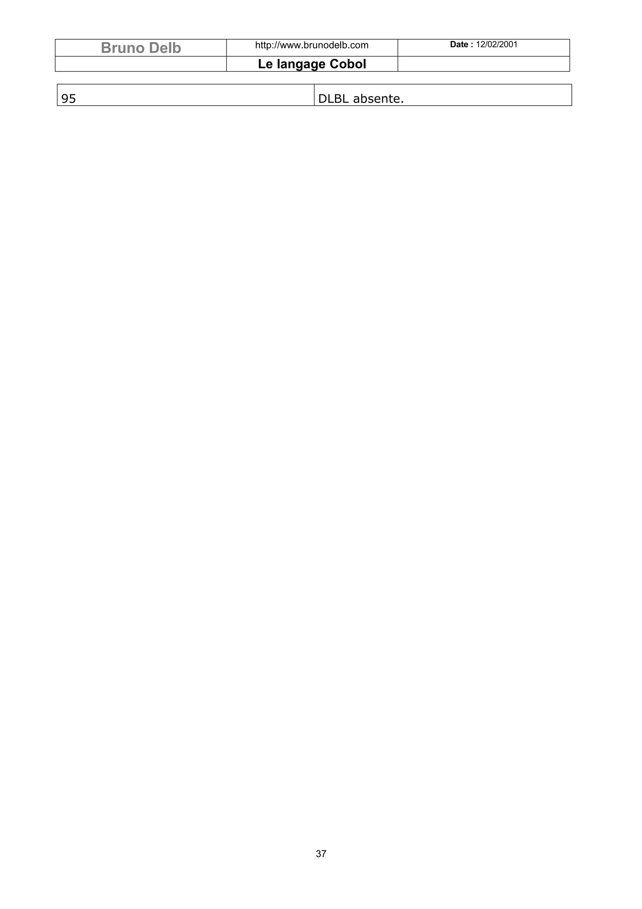 Bruno Delb   http://www.brunodelb.com     Date : 12/02/2001

                  Le langage Cobol

95                             DLBL absente.




                              37
 