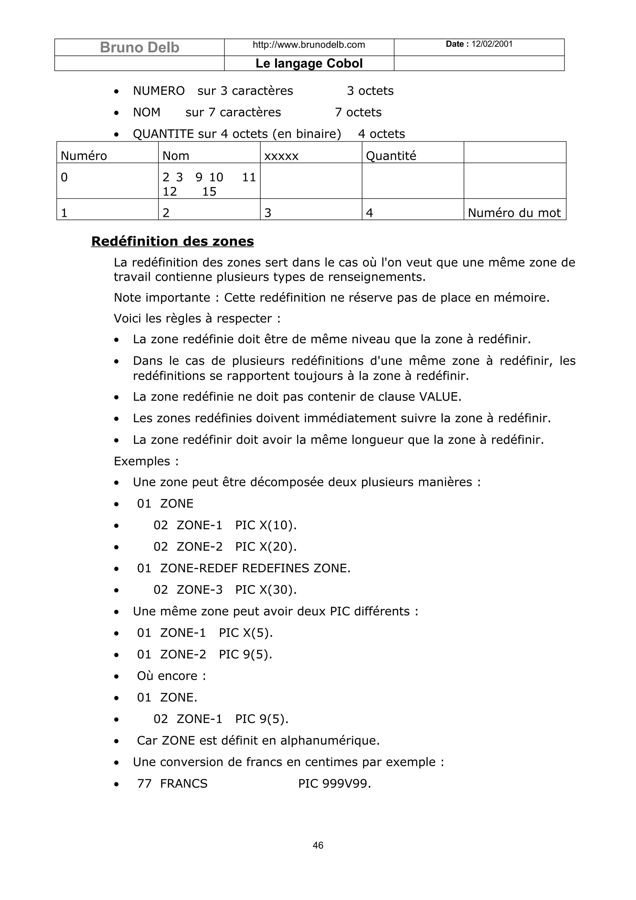 Bruno Delb                     http://www.brunodelb.com              Date : 12/02/2001

                                    Le langage Cobol

         •   NUMERO        sur 3 caractères             3 octets
         •   NOM         sur 7 caractères            7 octets
         •   QUANTITE sur 4 octets (en binaire)           4 octets
Numéro             Nom                 xxxxx                   Quantité
0                  2 3    9 10    11
                   12      15
1                  2                   3                       4               Numéro du mot

    Redéfinition des zones
         La redéfinition des zones sert dans le cas où l'on veut que une même zone de
         travail contienne plusieurs types de renseignements.
         Note importante : Cette redéfinition ne réserve pas de place en mémoire.
         Voici les règles à respecter :
         •   La zone redéfinie doit être de même niveau que la zone à redéfinir.
         •   Dans le cas de plusieurs redéfinitions d'une même zone à redéfinir, les
             redéfinitions se rapportent toujours à la zone à redéfinir.
         •   La zone redéfinie ne doit pas contenir de clause VALUE.
         •   Les zones redéfinies doivent immédiatement suivre la zone à redéfinir.
         •   La zone redéfinir doit avoir la même longueur que la zone à redéfinir.
         Exemples :
         •   Une zone peut être décomposée deux plusieurs manières :
         •   01 ZONE
         •      02 ZONE-1        PIC X(10).
         •      02 ZONE-2        PIC X(20).
         •   01 ZONE-REDEF REDEFINES ZONE.
         •      02 ZONE-3        PIC X(30).
         •   Une même zone peut avoir deux PIC différents :
         •   01 ZONE-1        PIC X(5).
         •   01 ZONE-2        PIC 9(5).
         •   Où encore :
         •   01 ZONE.
         •      02 ZONE-1        PIC 9(5).
         •   Car ZONE est définit en alphanumérique.
         •   Une conversion de francs en centimes par exemple :
         •   77 FRANCS                        PIC 999V99.




                                                46
 