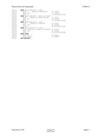 Manual Prático de Programação COBOL II
000018 WHEN HELP-LINK-ALFA = 'GART'
000019 MOVE ' TABELA DE GARANTIAS' TO TITULO
000020 MOVE 'E5' TO CODTAB
000021 MOVE 6 TO N-DIGITOS-LINK
000022 WHEN HELP-LINK-ALFA = 'SECE' OR 'SECR'
000023 MOVE ' TABELA DE SECTORIZACOES' TO TITULO
000024 MOVE 'F1' TO CODTAB
000025 MOVE 8 TO N-DIGITOS-LINK
000026 WHEN HELP-LINK-ALFA = 'VINC'
000027 MOVE ' TABELA DE VINCULOS' TO TITULO
000028 MOVE 'E4' TO CODTAB
000029 MOVE 2 TO N-DIGITOS-LINK
000030 WHEN HELP-LINK-ALFA = 'CDBP'
000031 MOVE 'CODIGOS DO BANCO DE PORTUGAL' TO TITULO
000032 MOVE 'TN' TO CODTAB
000033 MOVE 4 TO N-DIGITOS-LINK
000034 WHEN OTHER
000035 MOVE ALL '*' TO TITULO
000036 MOVE SPACES TO CODTAB
000037 END-EVALUATE.
Dezembro de 1997 Versão 1.0 Página 7
Solange Marques
 