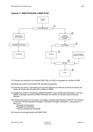 Manual Prático de Programação SQL
Capítulo 4 - BIND PACKAGE e BIND PLAN
(1) Processo que transforma as instruções EXEC SQL em CALLs à linguagem de interface do DB2.
(2) Módulo que contém as instruções SQL extraídas do programa.
(3) Processo que chama o optimizador para que este determine os melhores caminhos de acesso aos
dados, em função das instruções SQL contidas no DBRM.
(4) Unidade que contém os resultados do BIND PACKAGE e cujo conteúdo está associado a um único
DBRM. O package resultante do BIND PACKAGE fica inserido na colecção especificada pelo
utilizador.
(5) Processo que inclui num único plano os packages indicados pelo utilizador na PKLIST. Por exemplo,
se tivermos PKLIST(ColecçãoA.PackageA, ColecçãoA.PackageB, ColecçãoB.*), será gerado um
plano com:
- PackageA da ColecçãoA
- PackageB da ColecçãoA
- Todos os packages da ColecçãoB
(6) Conjunto de packages gerado pelo BIND PLAN.
Dezembro de 1997 Versão 1.0 Página 12
Solange Marques
Programa
Fonte
DataBase
Request Module
(DBRM)
Módulo com a
fonte modificada
Load Module Package Outros Packages
indicados na PKLIST
Plano
Precompilação DB2
Compilação e Link-Edição Bind Package
Bind Plan
1
2
3
4
5
6
 
