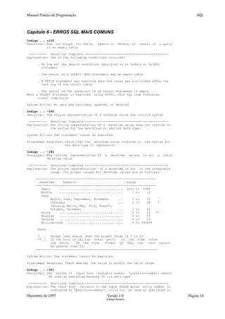 Manual Prático de Programação SQL
Capítulo 6 - ERROS SQL MAIS COMUNS
Codigo ..: +100
Descricao: Row not found for Fetch, Update or Delete, or result of a query
is an empty table
---------- Descricao Completa ----------------------------------------------
Explanation: One of the following conditions occurred:
. No row met the search conditions specified in an Update or Delete
statement
. The result of a SELECT INTO statement was an empty table
. A FETCH statement was executed when the curso was positioned after the
last row of the result table
. The result of the subselect of an Insert statement is empty
When a SELECT statement is executed using SPUFI, this SQL code indicates
normal completion
System Action: No data was retrived, updated, or deleted
Codigo ..: -180
Descricao: The string representation of a datetime value has invalid syntax
---------- Descricao Completa ----------------------------------------------
Explanation: The string representation of a datetime value does not conform to
the syntax for the specified or implied data type.
System Action: The statement cannot be executed.
Programmer Response: Check that the datetime value conforms to the syntax for
the data type it represents.
Codigo ..: -181
Descricao: The string representation of a datetime values is not a valid
datetime value
---------- Descricao Completa ----------------------------------------------
Explanation: The string representation of a datetime is not in the acceptable
range. The proper ranges for datetime values are as follows:
------------------------------------------------------------------
Datetime Numeric range
------------------------------------------------------------------
Years ................................... 0001 to 9999
Months ................................... 1 to 12
Days
April, June, September, November ... 1 to 30
February ... 1 to 28 *
January, March, May, July, August,
October, December ... 1 to 31
Hours ................................... 0 to 24 **
Minutes ................................... 0 to 59
Seconds ................................... 0 to 59
Microseconds .............................. 0 to 999999
Note:
* .. Except leap years, when the proper range is 1 to 29
** .. If the hour is 24, the other parts of the time value
are zeros. If the time format is USA, the hour cannot
be greater then 12.
-------------------------------------------------------------------
System Action: The statement cannot be executed.
Programmer Response: Check whether the value is within the valid range.
Codigo ..: -301
Descricao: The vallue of input host variable number 'position-number' cannot
be used as specified because of its data type
---------- Descricao Completa ----------------------------------------------
Explanation: The input host variable in the input SQLDA whose entry number is
indicated by 'position-number', could not be used as specified in
Dezembro de 1997 Versão 1.0 Página 14
Solange Marques
 