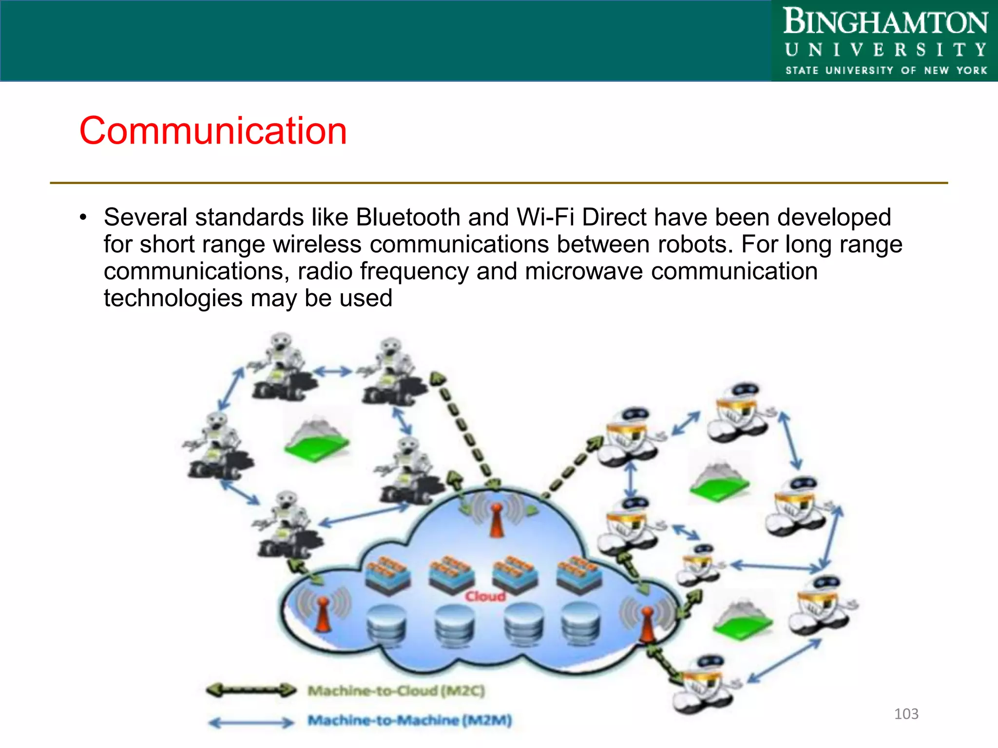 Communication
• Several standards like Bluetooth and Wi-Fi Direct have been developed
for short range wireless communications between robots. For long range
communications, radio frequency and microwave communication
technologies may be used
103
 