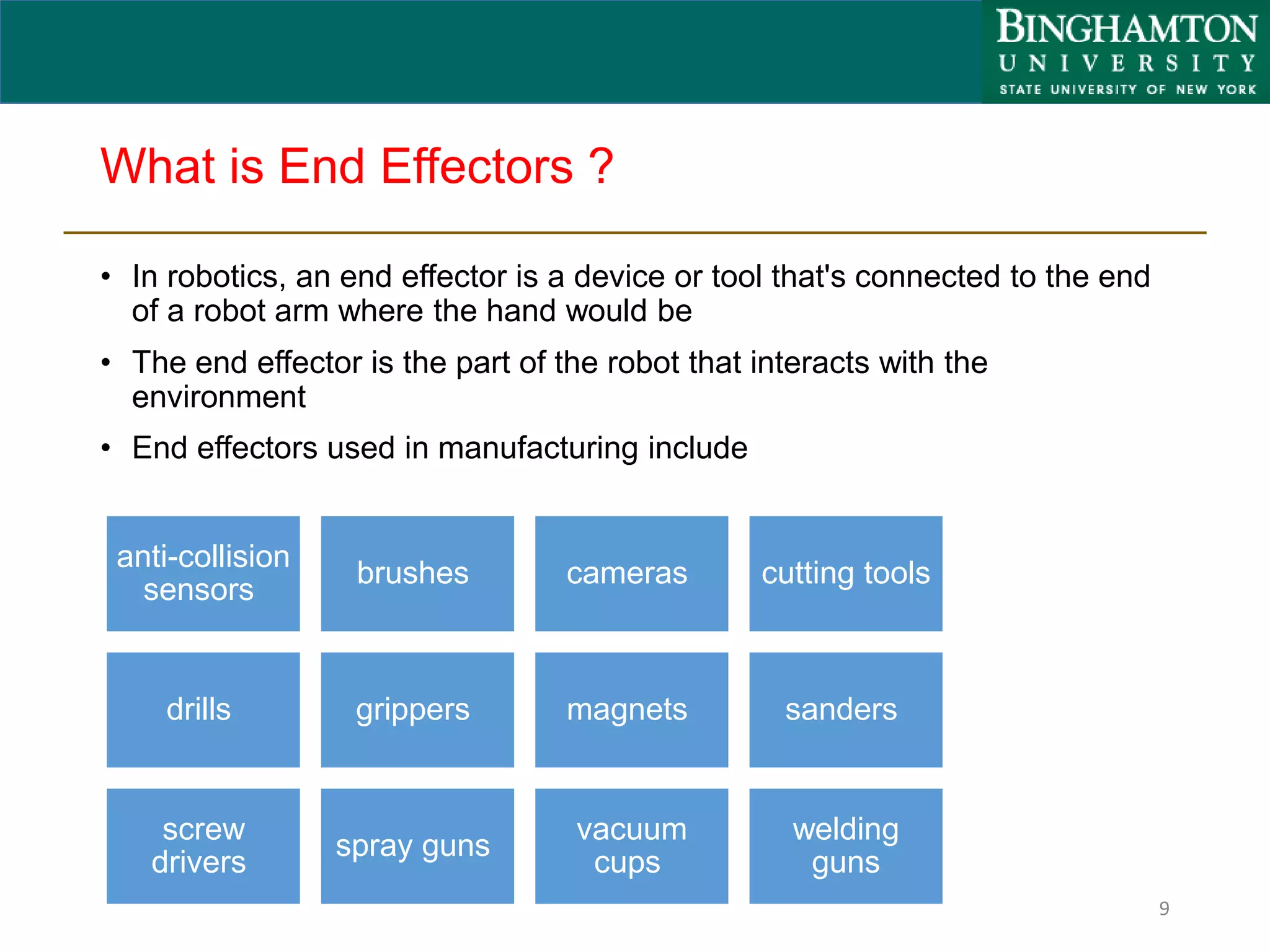 What is End Effectors ?
• In robotics, an end effector is a device or tool that's connected to the end
of a robot arm where the hand would be
• The end effector is the part of the robot that interacts with the
environment
• End effectors used in manufacturing include
9
anti-collision
sensors
brushes cameras cutting tools
drills grippers magnets sanders
screw
drivers
spray guns
vacuum
cups
welding
guns
 