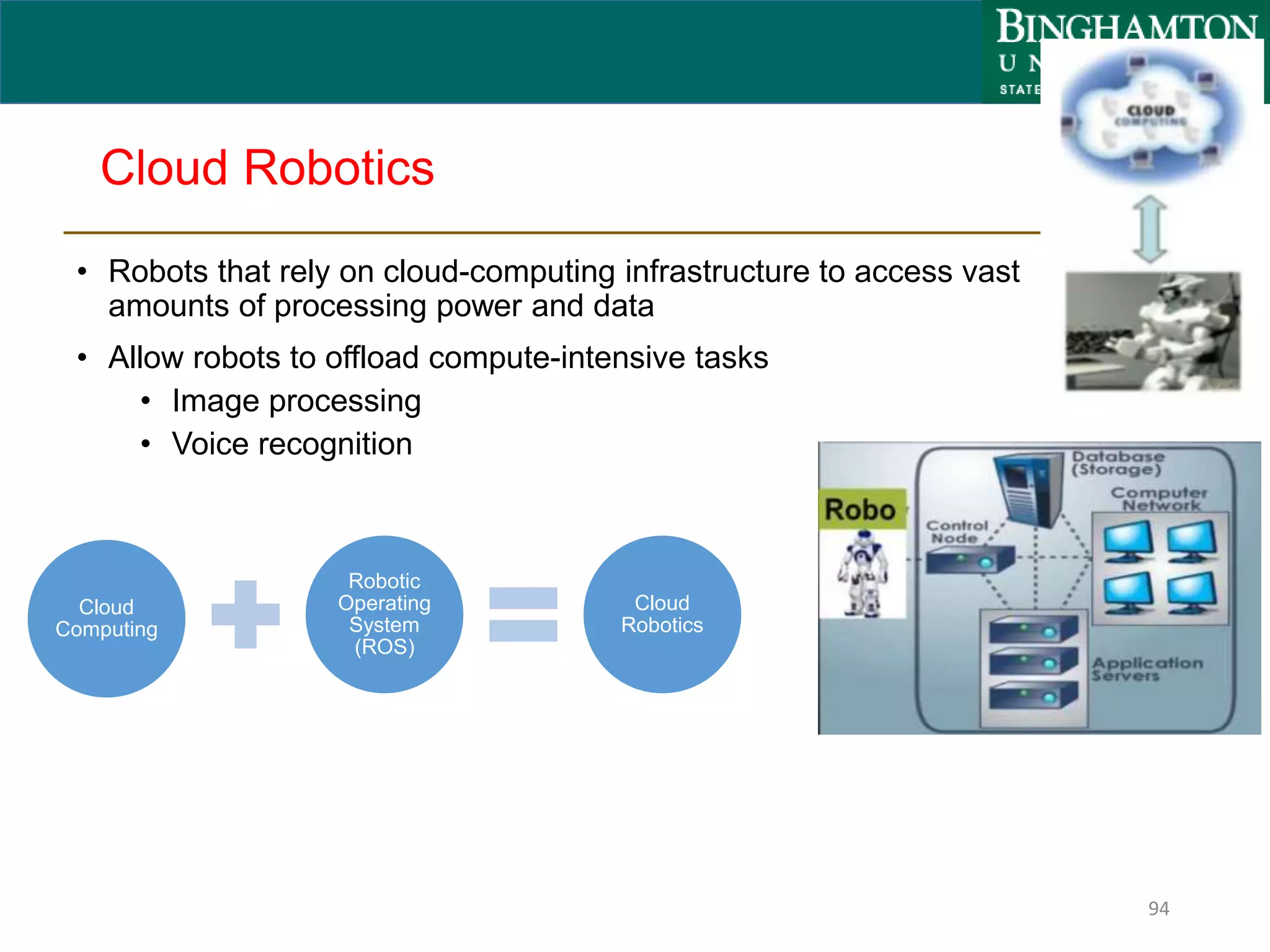 Cloud Robotics
• Robots that rely on cloud-computing infrastructure to access vast
amounts of processing power and data
• Allow robots to offload compute-intensive tasks
• Image processing
• Voice recognition
94
Cloud
Computing
Robotic
Operating
System
(ROS)
Cloud
Robotics
 