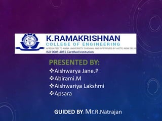 PRESENTED BY:
Aishwarya Jane.P
Abirami.M
Aishwariya Lakshmi
Apsara
GUIDED BY: Mr.R.Natrajan
 
