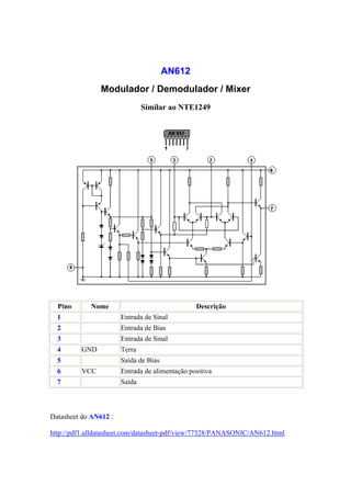 AN612
                Modulador / Demodulador / Mixer
                               Similar ao NTE1249




  Pino      Nome                                Descrição
  1                    Entrada de Sinal
  2                    Entrada de Bias
  3                    Entrada de Sinal
  4      GND           Terra
  5                    Saída de Bias
  6      VCC           Entrada de alimentação positiva
  7                    Saída



Datasheet do AN612 :

http://pdf1.alldatasheet.com/datasheet-pdf/view/77328/PANASONIC/AN612.html
 