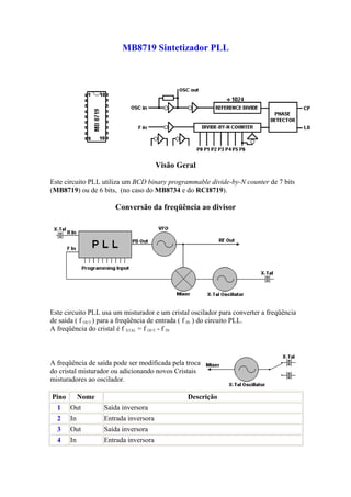 MB8719 Sintetizador PLL




                                       Visão Geral

Este circuito PLL utiliza um BCD binary programmable divide-by-N counter de 7 bits
(MB8719) ou de 6 bits, (no caso do MB8734 e do RCI8719).

                      Conversão da freqüência ao divisor




Este circuito PLL usa um misturador e um cristal oscilador para converter a freqüência
de saída ( f OUT ) para a freqüência de entrada ( f IN ) do circuito PLL.
A freqüência do cristal é f XTAL = f OUT - f IN



A freqüência de saída pode ser modificada pela troca
do cristal misturador ou adicionando novos Cristais
misturadores ao oscilador.

Pino        Nome                                Descrição
  1    Out         Saída inversora
  2    In          Entrada inversora
  3    Out         Saída inversora
  4    In          Entrada inversora
 