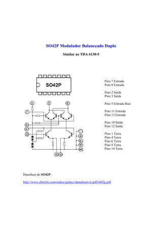 SO42P Modulador Balanceado Duplo
                             Similar ao TDA 6130-5




                                                            Pino 7 Entrada
                                                            Pino 8 Entrada

                                                            Pino 2 Saída
                                                            Pino 3 Saída

                                                            Pino 5 Entrada Bias

                                                            Pino 11 Entrada
                                                            Pino 13 Entrada

                                                            Pino 10 Saída
                                                            Pino 12 Saída

                                                            Pino 1 Terra
                                                            Pino 4 Terra
                                                            Pino 6 Terra
                                                            Pino 9 Terra
                                                            Pino 14 Terra




Datasheet do SO42P :

http://www.cbtricks.com/radios/galaxy/datasheets/ic/pdf/s042p.pdf
 