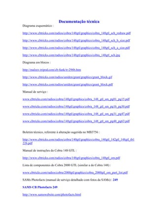 Documentação técnica
Diagrama esquemático :
http://www.cbtricks.com/radios/cobra/148gtl/graphics/cobra_148gtl_sch_redraw.pdf
http://www.cbtricks.com/radios/cobra/148gtl/graphics/cobra_148gtl_sch_b_size.pdf
http://www.cbtricks.com/radios/cobra/148gtl/graphics/cobra_148gtl_sch_a_size.pdf
http://www.cbtricks.com/radios/cobra/148gtl/graphics/cobra_148gtl_sch.jpg
Diagrama em blocos :
http://malzev.tripod.com/cb-funk/tr-296b.htm
http://www.cbtricks.com/radios/uniden/grant/graphics/grant_block.gif
http://www.cbtricks.com/radios/uniden/grant/graphics/grant_block.pdf
Manual de serviço :
www.cbtricks.com/radios/cobra/148gtl/graphics/cobra_148_gtl_sm_pg01_pg15.pdf
www.cbtricks.com/radios/cobra/148gtl/graphics/cobra_148_gtl_sm_pg16_pg30.pdf
www.cbtricks.com/radios/cobra/148gtl/graphics/cobra_148_gtl_sm_pg31_pg47.pdf
www.cbtricks.com/radios/cobra/148gtl/graphics/cobra_148_gtl_sm_pg48_pg63.pdf
Boletim técnico, referente à alteração sugerida no MB3756 :
http://www.cbtricks.com/radios/cobra/140gtl/graphics/cobra_140gtl_142gtl_148gtl_tb1
226.pdf
Manual de instruções do Cobra 148 GTL :
http://www.cbtricks.com/radios/cobra/148gtl/graphics/cobra_148gtl_om.pdf
Lista de componentes do Cobra 2000 GTL (similar a do Cobra 148) :
www.cbtricks.com/radios/cobra/2000gtl/graphics/cobra_2000gtl_om_part_list.pdf
SAMs Photofacts (manual de serviço detalhado com fotos da SAMs) : 249
SAMS CB Photofacts 249
http://www.samswebsite.com/photofacts.html
 