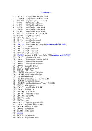Transistores :

1 - 2SC1675    Amplificador do Noise Blank
2 - 2SC1675 Amplificador do Noise Blank
3 - 2SC1730    amplificador do noise blank
4 - 2SC945    AGC do Noise Blanker
5 - 2SC945    AGC do Noise Blanker
6 - 2SC945    amplificador Noise Blank
7 - 2SA733    amplificador Noise Blank
8 - 2SC945    amplificador Noise Blank
9 - 2SC1675 oscilador XTAL 1 7.345 MHz
10 – 2SC945    amplificador AGC
11 – 2SC1675 detector meter
12 – 2SC945 amplificador squelch
13 – 2SA733 amplificador squelch
14 – 2SC1674 amplificador RF Recepção (substitua pelo 2SC2999)
15 – 2SC1675 1º mixer
16 – 2SC1675 amplificador de f.i.
17 – 2SC1675 amplificador de f.i.
18 – 2SC1730 amplificador de f.i.
19 – 2SC945 detector de SSB / amp. Áudio AM (substitua pelo 2SC1674)
20 – 2SC1675 mixer entrada loop
21 – 2SC945 chaveamento de áudio do AM
22 – 2SC945 amplificador microfone
23 – 2SC945 amplificador microfone
24 – 2SC945 atenuador de AM
25 – 2SA733 amplificador ALC
26 - 2SC945 AMC Cont.
27 – 2SA733 chaveamento PA áudio
28 – 2SC945 amplificador microfone
29 – 2SC1675 triplicador
30 – 2SC1675 oscilador XTL 3 11.3258 MHz
31 – 2SA733 chaveamento de AM
32 – 2SC1675 oscilador portadora XTAL 4 7.8 MHz
33 – 2SC945 chaveamento
34 – 2SC1675 amplificador ALC SSB
35 – 2SC945 inibidor TX
36 – 2SC1969 P.A. TX RF
37 – 2SC496    regulador de bias
38 – 2SC1306 driver P.A.
39 – 2SC1973 buffer
40 – 2SC946 bias
41 – 2SC1419 regulador potencia AM
42 – 2SC945 regulador potencia AM
43 - 2SC458 potencia de áudio
44 – 2SC945 chaveamento
45 – 2SC458 buffer áudio
46 – não tem
47 – 2SA733 chaveamento
48 – 2SA733 amplificador meter
 