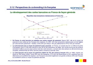 3.1.2 Perspectives du co-branding à la française

   Le développement des cartes bancaires en France de façon générale
                       43
                                    Répartition des transactions interbancaires en France (%)
                       41

                       39

                       37

                       35

                       33

                       31

                       29

                       27                                   C artes B anc aires
                                                            C hèques
                       25                                   A utres (V irements , prélèvements )

                       23
                             1998     1999   2000        2001           2002           2003        2004   2005   2006   2007
                                                    Source : Banque de France, GIE CB, GSIT

        En France, la carte bancaire se substitue aux autres moyens de paiement. Depuis 2001, elle est le moyen de
        paiement le plus utilisé par les Français (hors espèces). En 2007, 42% des transactions interbancaires ont été réglées
        par carte bancaire (paiements + retraits), contre 24% par chèque, 18% par prélèvement et TIP et 16% par virement.
        La carte bancaire est un moyen de paiement quasi universel : en France, on compte plus de 1,2 millions de points
        d’acceptation (dont 37 000 sites Internet) et plus de 50 000 distributeurs de billets. Son succès est tel que les porteurs
        aimeraient d’ailleurs pouvoir payer partout avec leur carte bancaire, y compris dans des secteurs où elle est encore peu
        acceptée: professionnels de santé, services publics, livraisons à domicile, taxis…
        La carte bancaire est le moyen de paiement préféré de 73% des porteurs français (66% en 1998), d’après une
        étude de TNS Sofres (2006), contre 59% pour les Espagnols, 57% pour les Britanniques et 34% seulement pour les
        Allemands qui lui préfèrent les espèces. Les Français lui accordent également une grande confiance: 84% des Français
        la considèrent comme un moyen de paiement sécurisé.

Evry, le 28 octobre 2009 – Nicolas Pécourt                                                                                           13
 