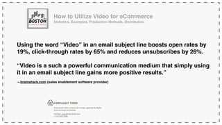 Using the word “Video” in an email subject line boosts open rates by
19%, click-through rates by 65% and reduces unsubscribes by 26%.
“Video is a such a powerful communication medium that simply using
it in an email subject line gains more positive results.”
—brainshark.com (sales enablement software provider)
How to Utilize Video for eCommerce
Statistics, Examples, Production Methods, Distribution
 