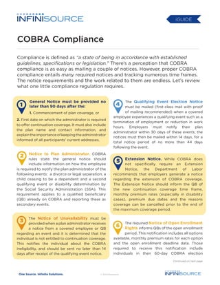 iGUIDE

COBRA Compliance
Compliance is defined as “a state of being in accordance with established
guidelines, specifications or legislation.” There’s a perception that COBRA
compliance is as easy as mailing a couple of notices. However, proper COBRA
compliance entails many required notices and tracking numerous time frames.
The notice requirements and the work related to them are endless. Let’s review
what one little compliance regulation requires.
General Notice must be provided no
later than 90 days after the:
1. Commencement of plan coverage, or
2. First date on which the administrator is required
to offer continuation coverage. It must also include
the plan name and contact information, and
explain the importance of keeping the administrator
informed of all participants’ current addresses.

Notice to Plan Administrator. COBRA
rules state the general notice should
include information on how the employee
is required to notify the plan administrator of the
following events: a divorce or legal separation, a
child ceasing to be a dependent and a second
qualifying event or disability determination by
the Social Security Administration (SSA). This
requirement applies to a qualified beneficiary
(QB) already on COBRA and reporting these as
secondary events.

The Notice of Unavailability must be
provided when a plan administrator receives
a notice from a covered employee or QB
regarding an event and it is determined that the
individual is not entitled to continuation coverage.
This notifies the individual about the COBRA
ineligibility, and should be sent no later than 14
days after receipt of the qualifying event notice.

The Qualifying Event Election Notice
must be mailed (first-class mail with proof
of mailing recommended) when a covered
employee experiences a qualifying event such as a
termination of employment or reduction in work
hours. Employers must notify their plan
administrator within 30 days of these events; the
notices must then be mailed within 14 days, for a
total notice period of no more than 44 days
following the event.

Extension Notice. While COBRA does
not specifically require an Extension
Notice,
the
Department
of
Labor
recommends that employers generate a notice
regarding the extension of COBRA coverage.
The Extension Notice should inform the QB of
the new continuation coverage time frame,
monthly premium rates (especially in disability
cases), premium due dates and the reasons
coverage can be cancelled prior to the end of
the maximum coverage period.
The required Notice of Open Enrollment
Rights informs QBs of the open enrollment
period. This notification includes all options
available, monthly premium rates for each option
and the open enrollment deadline date. Those
required to receive this notification include
individuals in their 60-day COBRA election
Continued on next page

 
