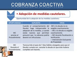 SEGUNDA • Adopción de medidas cautelares. 
Oportunidad de la adopción de las medidas cautelares: 
OPORTUNIDAD SUPUESTO TIPOS 
MC 
previas al 
Procedimiento 
Cuando el comportamiento del 
Deudor haga indispensable la 
adopción de la medida, y cuando 
exista razones que permitan 
presumir que la cobranza podría 
devenir en infructuosa. 
-MC si la deuda no es 
exigible coactivamente. 
-- MC si la deuda es exigible 
coactivamente. 
-- MC durante fiscalización o 
Verificación. 
-- Intervención Excluyente 
de Propiedad. 
MC 
Durante el 
Procedimiento 
Transcurrido el pazo de 7 días hábiles otorgados para que el 
Deudor cumpla con cancelar la deuda sin que éste hubiera 
cumplido con hacerlo. 
 