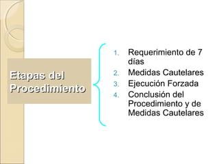 Etapas delEtapas del
ProcedimientoProcedimiento
1. Requerimiento de 7
días
2. Medidas Cautelares
3. Ejecución Forzada
4. Conclusión del
Procedimiento y de
Medidas Cautelares
 