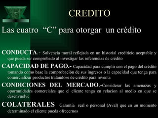 CREDITO Las cuatro  “C” para otorgar  un crédito CONDUCTA .-  Solvencia moral reflejada en un historial crediticio aceptable y que pueda ser comprobado al investigar las referencias de crédito CAPACIDAD DE PAGO.-  Capacidad para cumplir con el pago del crédito tomando como base la comprobación de sus ingresos o la capacidad que tenga para comercializar productos tratándose de crédito para reventa CONDICIONES DEL MERCADO .- Considerar las amenazas y oportunidades comerciales que el cliente tenga en relacion al medio en que se desenvuelve COLATERALES  Garantía  real o personal (Aval) que en un momento determinado el cliente pueda ofrecernos 