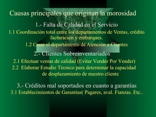 Causas principales que originan la morosidad 1.- Falta de Calidad en el Servicio 1.1 Coordinación total entre los departamentos de Ventas, crédito facturación y embarques. 1.2 Crear el departamento de Atención a Clientes 2.- Clientes Sobreinventariados 2.1 Efectuar ventas de calidad (Evitar Vender Por Vender) 2.2  Elaborar Estudio Técnico para determinar la capacidad  de desplazamiento de nuestro cliente 3.- Créditos mal soportados en cuanto a garantías 3.1 Establecimientos de Garantias( Pagares, aval. Fianzas. Etc.. 