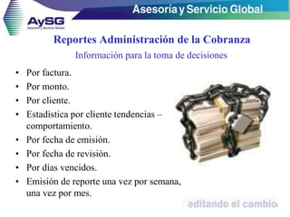 Reportes Administración de la Cobranza
• Por factura.
• Por monto.
• Por cliente.
• Estadística por cliente tendencias –
comportamiento.
• Por fecha de emisión.
• Por fecha de revisión.
• Por días vencidos.
• Emisión de reporte una vez por semana,
una vez por mes.
23
Información para la toma de decisiones
 