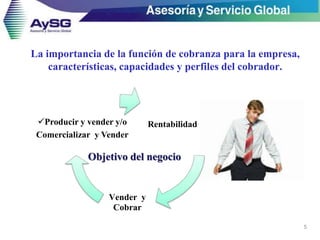 La importancia de la función de cobranza para la empresa,
características, capacidades y perfiles del cobrador.
5
Rentabilidad
Vender y
Cobrar
Producir y vender y/o
Comercializar y Vender
Objetivo del negocio
 