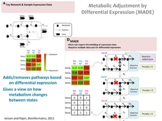 Metabolic Adjustment by
Differential Expression (MADE)
Adds/removes pathways based
on differential expression
Gives a view on how
metabolism changes
between states
Jensen and Papin, Bioinformatics, 2011
 