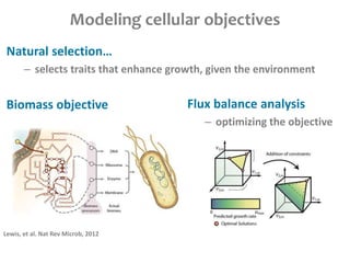 Modeling cellular objectives
Natural selection…
– selects traits that enhance growth, given the environment
Biomass objective Flux balance analysis
– optimizing the objective
Lewis, et al. Nat Rev Microb, 2012
 