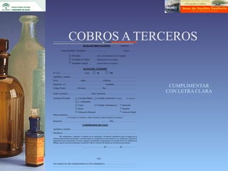 COBROS A TERCEROS    FICHA DE PRESTACIONES                                Expediente:…………..

           Centro de Salud / Consultivo:…………………………                                                   Factura:………….

                          Particular:                         (Con o sin autorización de la Compañía)

                          Accidente de Tráfico                (Rellenar Parte de Accidente)

                          Accidente Laboral                   (Aportar Parte de Accidente)

                                           DATOS DEL ENFERMO
N.º S..S. …………………                           Titular:          SI                NO
Apellidos y nombre:…………………………………………………………………………………
D.N.I. ………………………… Edad: ………………….. Teléfono: ……………………………..
Domicilio: (*) ………………………………………………. Localidad: …………………………
Código Postal: …………… Provincia: ………………… País:……………………………………
                                                                                                                          CUMPLIMENTAR
Fecha Asistencia: ………………………….. Hora Asistencia: ……………………………………
                                                                                                                         CON LETRA CLARA
Asistencia Prestada:               Consulta Médica            Consulta a domicilio         Médica          Enfermería

                                   C. Enfermería
                                   Curas                      Traslado Ambulancia a:                Domicilio
                                   Rayos                                                            Hospital
                                 Educación Maternal                                            Centro de Salud
Otras asistencias: ……………………………………………………………………………………
                 (*) Pacientes no residentes, señalar domicilio completo del país de residencia.

Domicilio: …………………………………………………………País: ………………………….
                                         COMPROMISO DE PAGO
Apellidos y Nombre ………………………………………………………………………………...
Parentesco: ………………………………………………………………………………………….
        Me comprometo a satisfacer el importe de las asistencias y honorarios facultativos que se origine por el
enfermo anteriormente mencionado, si posteriormente se comprobase no tener derecho a ser asistido por cuente de la
Seguridad Social, renunciando a su Fuero originario sometiéndose expresamente a la jurisdicción de los Tribunales de
Málaga respecto de los procedimientos necesarios relativos al abono del importe de la asistencia que solicita:

                                        …………………………..de ……………….de…………………




                                                              Fdo.:

Este impreso ha sido cumplimentado por el/los trabajador/es: .........................................................
………………………………………………………………………………………………………
 