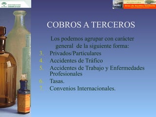 COBROS A TERCEROS
     Los podemos agrupar con carácter
       general de la siguiente forma:
3.   Privados/Particulares
4.   Accidentes de Tráfico
5.   Accidentes de Trabajo y Enfermedades
     Profesionales
6.   Tasas.
7.   Convenios Internacionales.
 