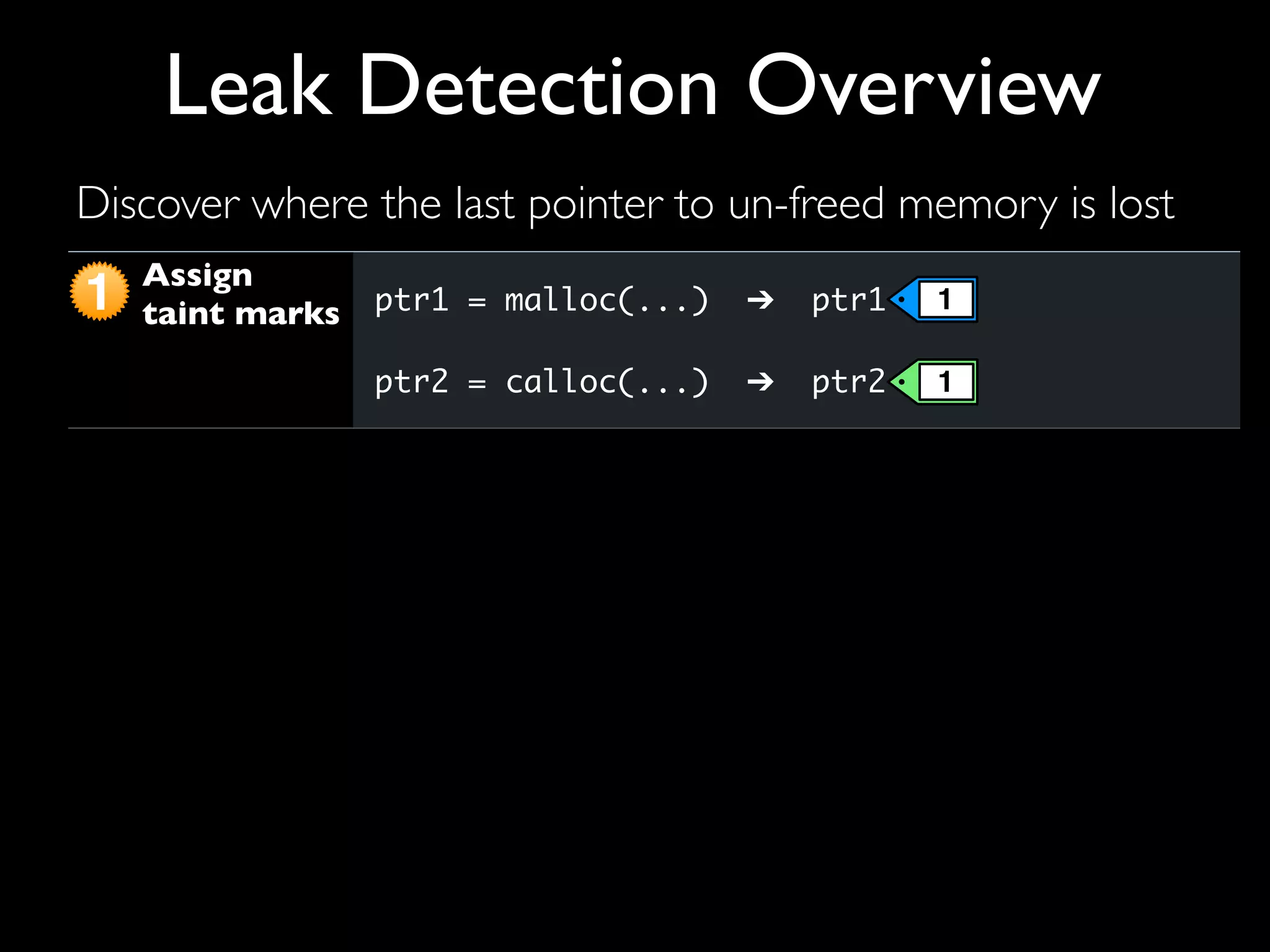 Assign
taint marks
Propagate
taint marks
Check
taint marks
ptr1 = malloc(...) ➔ ptr1
ptr2 = calloc(...) ➔ ptr2
ptr3 = ptr1 ➔ ptr3 , ptr1
ptr1 = NULL ➔ ptr1 , ptr3
ptr4 = ptr2 + 1 ➔ ptr4 , ptr2
Report error if taint mark’s count is zero and
memory has not been freed.
1 1
1
Discover where the last pointer to un-freed memory is lost
Leak Detection Overview
 