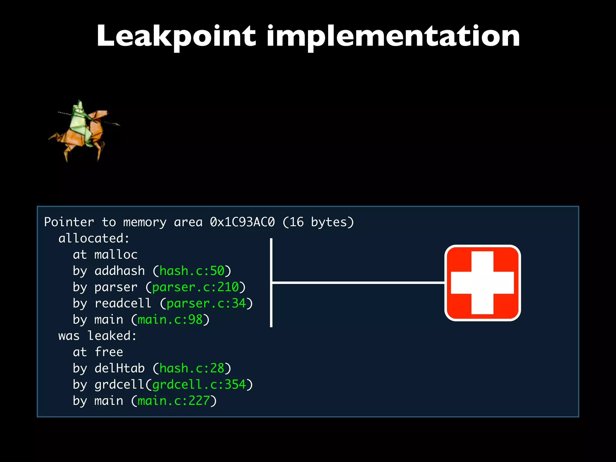 Leakpoint implementation
Pointer to memory area 0x1C93AC0 (16 bytes)
allocated:
  at malloc
  by addhash (hash.c:50)
by parser (parser.c:210)
by readcell (parser.c:34)
  by main (main.c:98)
  was leaked:
   at free
   by delHtab (hash.c:28)
   by grdcell(grdcell.c:354)
   by main (main.c:227)
 