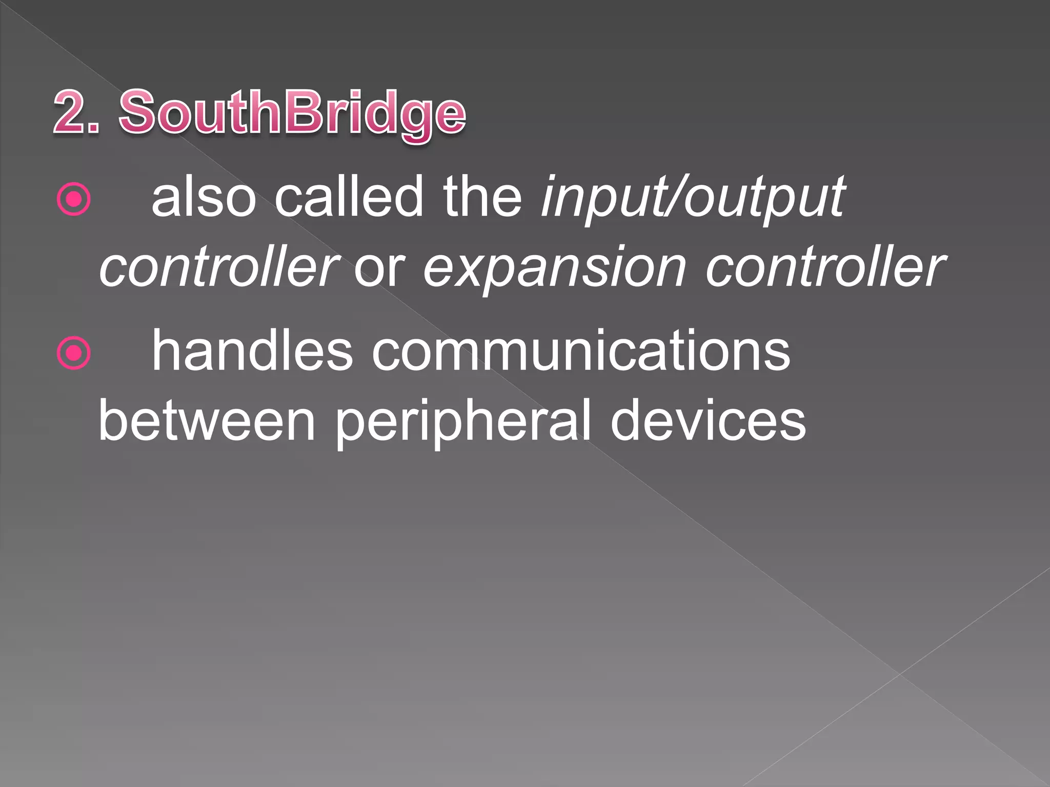  also called the input/output
controller or expansion controller
 handles communications
between peripheral devices
 
