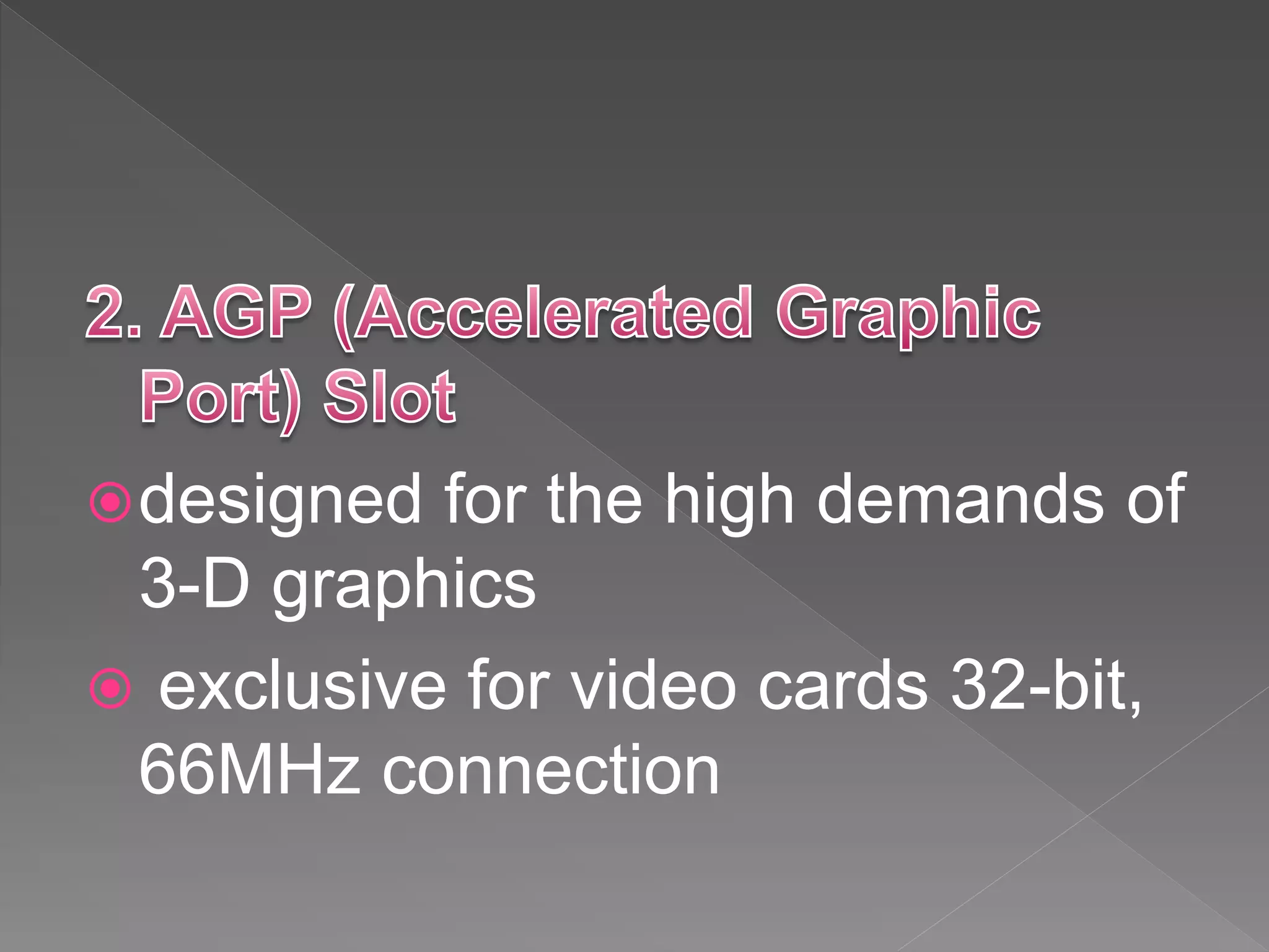 designed for the high demands of
3-D graphics
 exclusive for video cards 32-bit,
66MHz connection
 